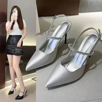 Fashion Women s High Heel Sandal 2024 Summer Stylish Pointed Toe Silver High Heels Sexy Thin Heel Party Shoes Plus Size Lady Dress Shoes 35 серебряный