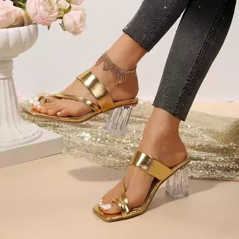 Fashion Women s High Heel Slippers 2024 Outdoor Toe Set Thick Heel Summer Fashion Party Open Toe High Heel Women s Slippers Slip On 36 золотой