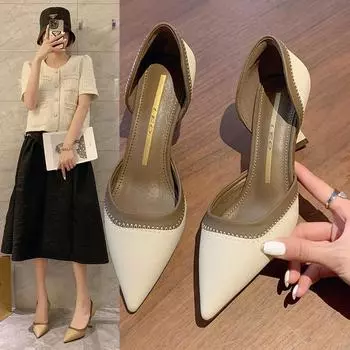 Fashion Women s High-heeled Slippers Elegant Fashion Pointy High-heeled Women s Mule Summer Fashion Party Ball Shoes Women Shoes 34 бежевый