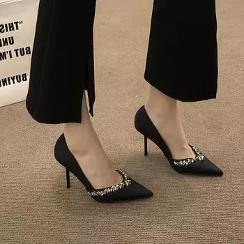 Модные женские туфли на высоком каблуке 2024 года, новые черные туфли с острым носком и стразами, тонкие каблуки, свадебные туфли, женская обувь для банкета и вечеринки 35 чёрный