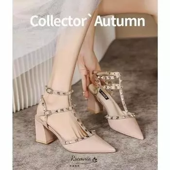 Мода Женские Туфли на Высоком Каблуке Слингбэки Пряжка Женские Сандалии Римские Острые Заклепки Вечерняя Обувь Сексуальная Женская Обувь Sandalias De Mujer 35