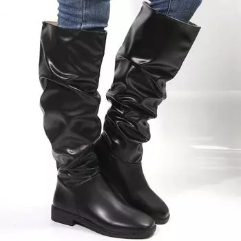 Fashion Women s High-quality Leather Mid-length Boots Casual Suit Autumn Boots Flat Fashion Pleated Round Toe Boots Women Platform Shoes 35 чёрный