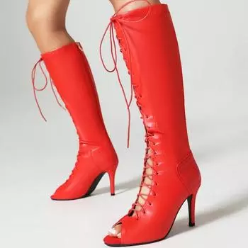 Fashion Women s Knee Thigh High Boot Sexy Lace-up Patent Red Black White Night-club Dance Fetish Party Shoes Lady Big Size 2024 Autumn 34 чёрный