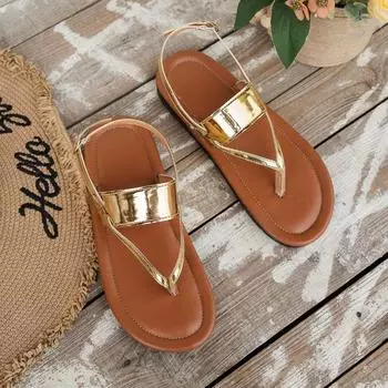 Fashion Women s Large Size Flat Shoes Summer New Round Toe Pintoe with Breathable Soft Soled Non-slip Sandals 36 золотой