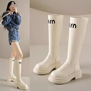 Fashion Women s Leather Boots Thick Sole Knee-High Long Elastic Boots Letter Height Increasing Motorcycle Boots Outdoor Daily Commute 35 бежевый