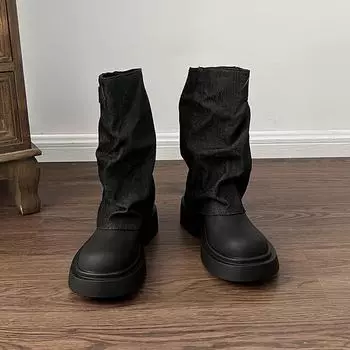 Fashion Women s Leather High Boots Fashion Pleated Retro High Heels Designer New 2024 Trendy Walking Snow Boots Brand High Heels 35 чёрный