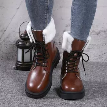 fashion Women s Leather Snow Boots Fashion Women s Lace-Up Platform Shoes Women s Solid Color Round Toe Ankle Boots 2024 Winter 35
