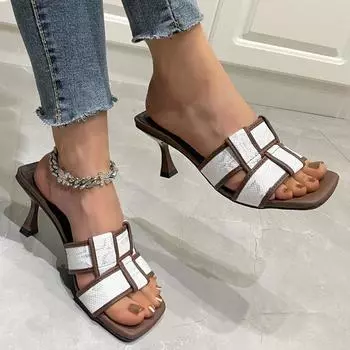 fashion Women s Low Heel Slippers 2024 Fashion New Open Toe Party Square Toe Sandals High Quality Summer Casual Office 35 бежевый