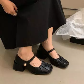 Fashion Women s Mary Janes Shoes Pleated Leather Shoes for Female Square Heel Dress Shoes Square Toe Ruffle Pumps Silver Black 35 чёрный