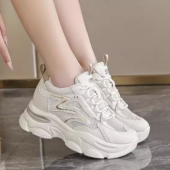 fashion Women s Mesh Chunky Platform Sneakers Breathable Lace Up Running Trainers Woman 2024 Thick Bottom Non Slip Sports Shoes Ladies 40 бежевый
