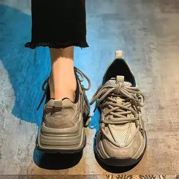 Fashion Women‘s Mesh Vulcanized Shoes Sneakers Casual Lace Up Comfortable Solid Color Shoes Breathable Outdoors Platform Running Shoes 35 серый