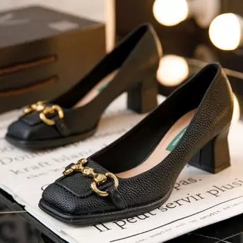 fashion Women s Mid-heel 5.5CM 2024 Summer French Style Back Empty Female Thick Heel Square Toe Mary Jane Shoes Black Green Talon Femme 35 бежевый