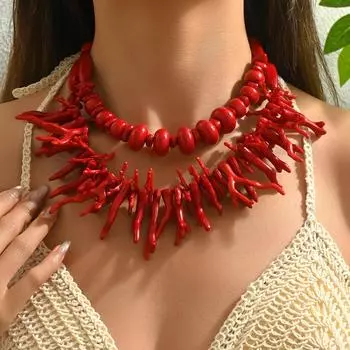 Fashion Women s Necklace Versatile Multi-layer Coral Design Long Clavicle Chain Geometric Necklace Two-piece Set Women