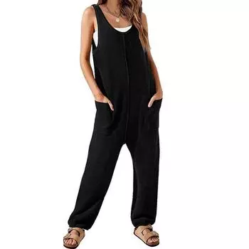 Модные женские новые повседневные свободные брюки-карго без рукавов с v-образным вырезом и двойными карманами L чёрный