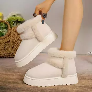 fashion Women s New Cute Short Boots, Thick Soled Winter Warm Snow Boots, Internet Famous Flat Cotton Shoes Platform Shoes for Women 36 бежевый