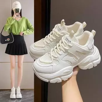 fashion Women s New Fashion Thick-soled Sneakers 2024 Autumn Casual Sports Walking Shoes Mesh Leather Flat Shoes Versatile Womens Shoes 35 бежевый