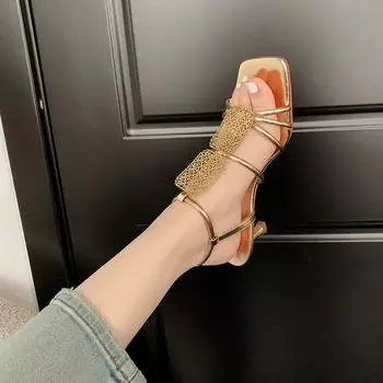 модные женские новые сексуальные летние римские сандалии из овчины и кожи европейского и американского производства с металлическими пряжками на высоком каблуке с открытым носком 35 золотой