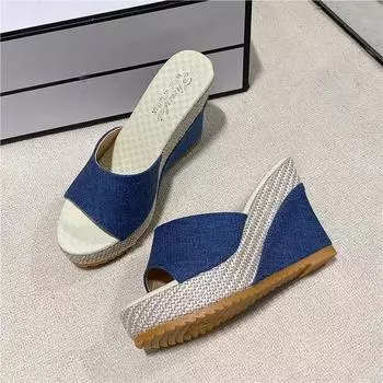 Fashion Women s New Style Slope Heel Fish Mouth Thick Bottom Increased Height Cool Slippers Classic Outdoor Beach Leisure Slippers 34 синий