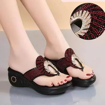 fashion Women s Open Toe Slippers Sequins Decor Platform Ladylike Sweet New Summer Fashion Popular Comfy High Thick Heel Slippers 35(Foot22.5cm) чёрный