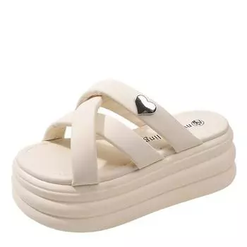 модные женские шлепанцы для выхода 2024 года, новый летний стиль, модные, на толстой подошве, увеличивающие рост, сандалии-буфы с открытым носком, тапочки для женщин 34 бежевый