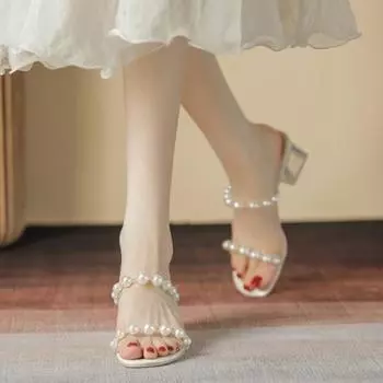Fashion Women s Pearl Elegant Sandals 2024 Summer New Fashion Transparent Thick Heels Women Roman Square Heel Temperament High Heels 34 покинуть белый
