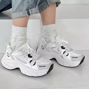 Модные женские сетчатые кроссовки на платформе, модные дышащие кроссовки для ходьбы, женские кроссовки на толстой подошве, нескользящие, со шнуровкой 36 чёрный