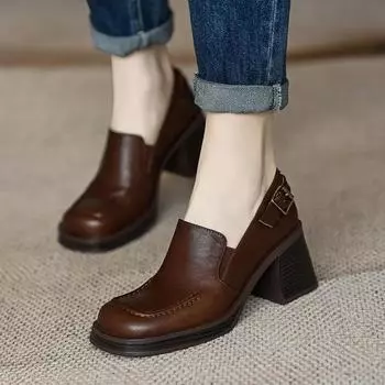 Модные женские туфли на высоком каблуке в стиле ретро, весна и осень, толстые квадратные каблуки, нескользящие женские туфли, французские женские туфли с квадратным носком 2024 года 34 коричневый