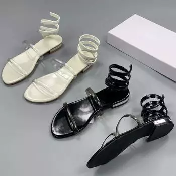 Модные женские римские сандалии 2024 года, летние сексуальные сандалии с обхватом щиколотки, плоская подошва, дышащие, полые, удобные, мягкие, гладиаторские туфли для леди 37 бежевый