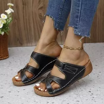 Fashion Women s Roman Shoes Velcro Medium Heel Wedge Slip-On Slippers Women s Large Size To43 Outdoor Leisure Jean Shoes for Women 2024 36 коричневый