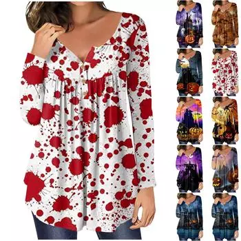 Fashion Women s Round Neck Casual Long Sleeve Printed Top L синий