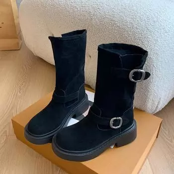 Fashion Women s Round Toe Mid-Calf Boots 2024 Metal Buckle Non-slip Shoes Fashion Belt Buckle Women Boots New Low Heeled Knight Shoes 35 хаки