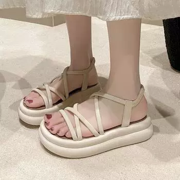 Fashion Women s Sandals 2024 New Hot Selling Comfortable Soft Sole Elastic Band Mid Heel Outdoor Leisure Women s Sandals Slip On 35 бежевый