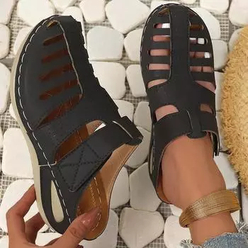 мода женские сандалии римские летние туфли женские босоножки на каблуках слипоны на платформе сандалии женские туфли на танкетке летняя обувь 36 чёрный