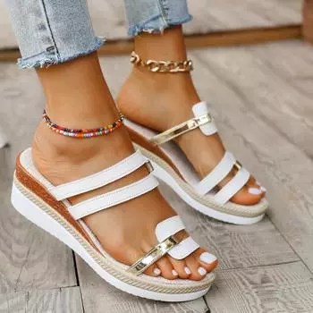 Fashion Women S Sandals Summer 2024 Ladies Summer Casual Colour Blocking Soft Leather Woven Straw Sandals Women Comfortable Dressy 36 белый