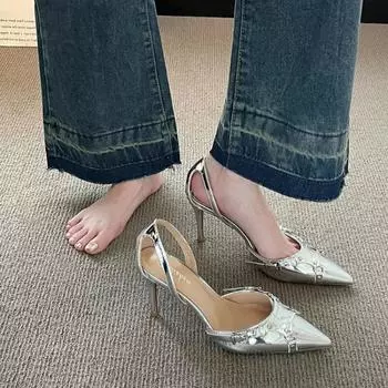 модные женские босоножки лето 2024 обувь для женщин люксовый бренд туфли-лодочки со стразами высокие каблуки с открытой пяткой лакированная кожа модные шпильки 35 серебряный