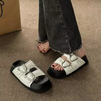 Модные женские сандалии Лето 2024 года Римские сандалии и тапочки на толстой подошве для женщин Новые плоские ретро пляжные шлепанцы Пляжные повседневные шлепанцы 35 чёрный