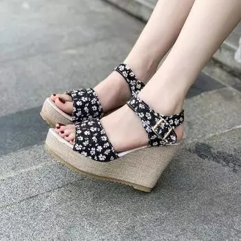 Fashion Women s Sandals Wedegs Thick Soled 10cm High Heels Ladies Casual Summer Shoe Female Peep Toe Flowers Beach Heeled Sandales Femme 35 чёрный