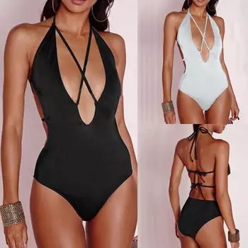 Модные женские сексуальные однотонные шейные бретели с перекрестными бретелями, пляжная одежда, бикини S чёрный