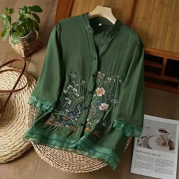 Fashion Women s Shirt Five-quarter Sleeve Spring And Summer Loose Top Embroidered Shirt L зелёный