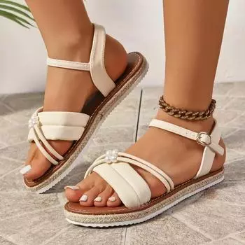 fashion Women s Shoes 2024 Brand Buckle Strap Women s Sandals Fashion String Bead Casual Sandals Women New Solid Plus Size Flat Sandals 36 бежевый