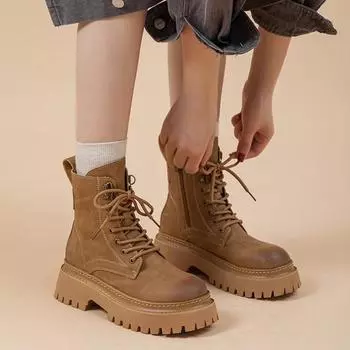 Модная женская обувь 2024 года, фирменные женские ботинки с боковой молнией, модные ботинки с перекрестной шнуровкой, новые ботинки до середины голени с круглым носком и заклепками 35 коричневый
