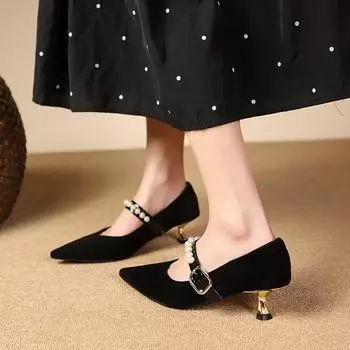 fashion Women s Shoes 2024 Fashion Buckle Women s High Heels Autumn Pointed Beads Solid Color Dress Stilettos or Stilettos 35 чёрный