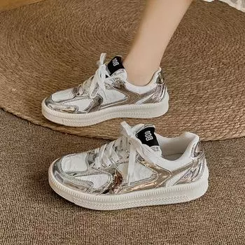 fashion Women s Shoes 2024 Fashion Lace Up Women s Vulcanize Shoes Autumn Mixed Colors Outdoor Flat Casual Comfortable Sports Shoes 34 серебряный
