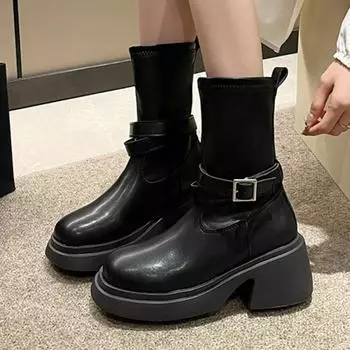 мода Женская обувь 2024 Модные женские сапоги до середины икры на платформе Современные сапоги Женские швейные поясные пряжки Туфли на квадратном каблуке Женские 35 чёрный