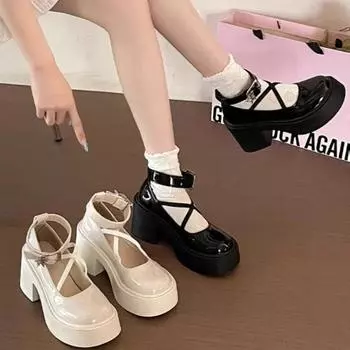 fashion Women s Shoes 2024 Fashion Round Toe Women s High Heels Autumn Mary Jane Button Solid Color Dress Thick Sole Thick Heel Pumps 35 бежевый