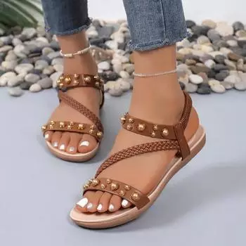 Fashion Women s Shoes 2024 Fashion Summer Women s Sandals Elastic Strap Solid Beads Open Toe Low Heel Large Size Casual Sandals 36 бежевый