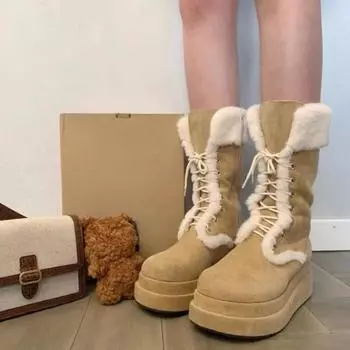 Fashion Women s Shoes 2024 Front Lace Up Women s Boots Winter Warm Short Plush Mid-Calf Modern Boots Women Solid Round Toe Shoes Ladies 35 хаки
