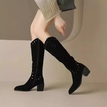 Fashion Women s Shoes 2024 High Quality Zipper Women s Boots Autumn Pointed Toe Solid Flock Mid Heeled Rubber Knee-High Women Boots 35 чёрный