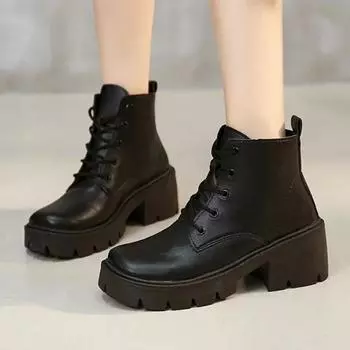 Fashion Women s Shoes 2024 High Quality Lace Up Women s Boots Autumn Winter Round Toe Solid Short Barrel Chunky Heels Fashion Boots 35