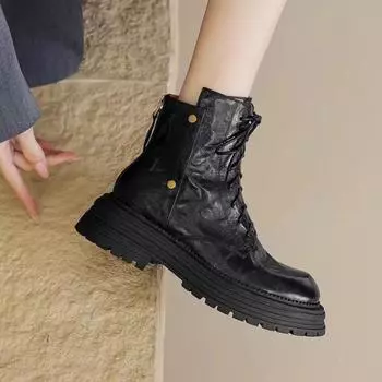 Fashion Women s Shoes 2024 High Quality Front Lace-up Women s Boots Fashion Rivet Office and Career Hot Sale Round Toe Solid Ankle Boots 35 чёрный
